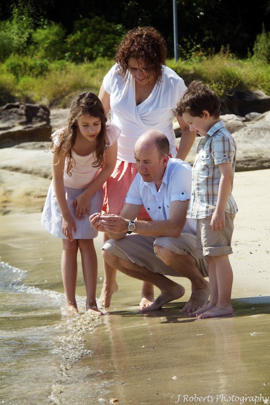 Family finding hermit crabs at beach - family portrait photography